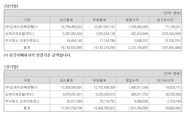 오케이홀딩스대부 자회사들의 영업실적
