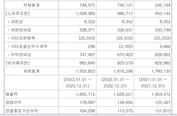 SNT홀딩스의 연결기준 자본-부채와 매출, 이익 등