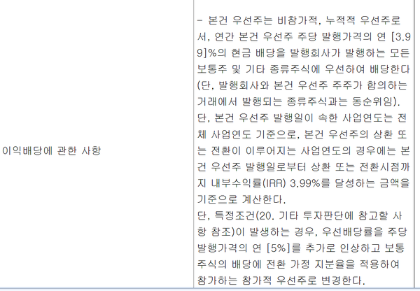 2021년 첫 발행 당시 이익배당 관련 공시