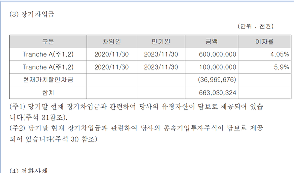 2020년말 롯데관광개발의 장기차입금 구조