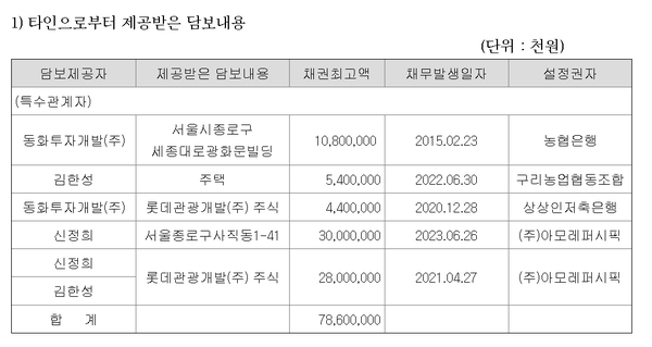 동화면세점이 제공받은 차입 담보들