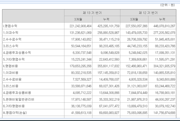 메리츠캐피탈의 올 상반기 포괄손익계산서