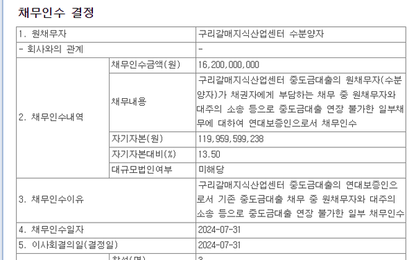 지난 7월말의 또 다른 채무인수 관련 공시