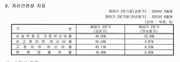 솔브레인저축은행의 자산건전성 지표