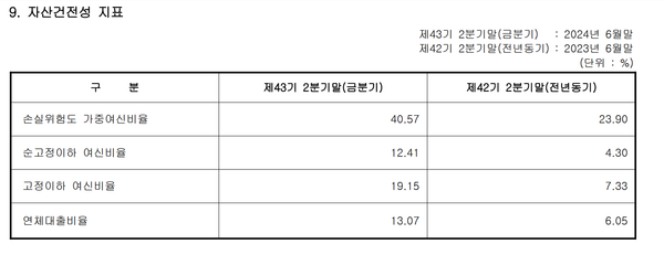 페퍼저축은행 총대출의 자산건전성