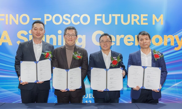 (왼쪽부터) 김동환 피노 대표, 윤태일 포스코퓨처엠 에너지소재마케팅본부장, 주종완 CNGR 부총재, 따이주푸 씨앤피신소재테크놀로지 대표이사.[사진=포스코퓨처엠 제공]
